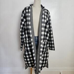 Joh Polly Plaid Thick Flannel Jacket XL Long‎ Shacket Black White Check